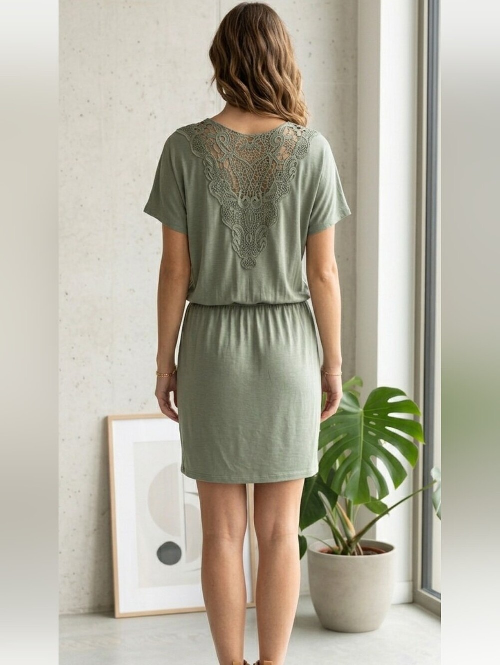 Lascana 💚 Olive Green Midi Drawstring Waist Dress with Lace Back